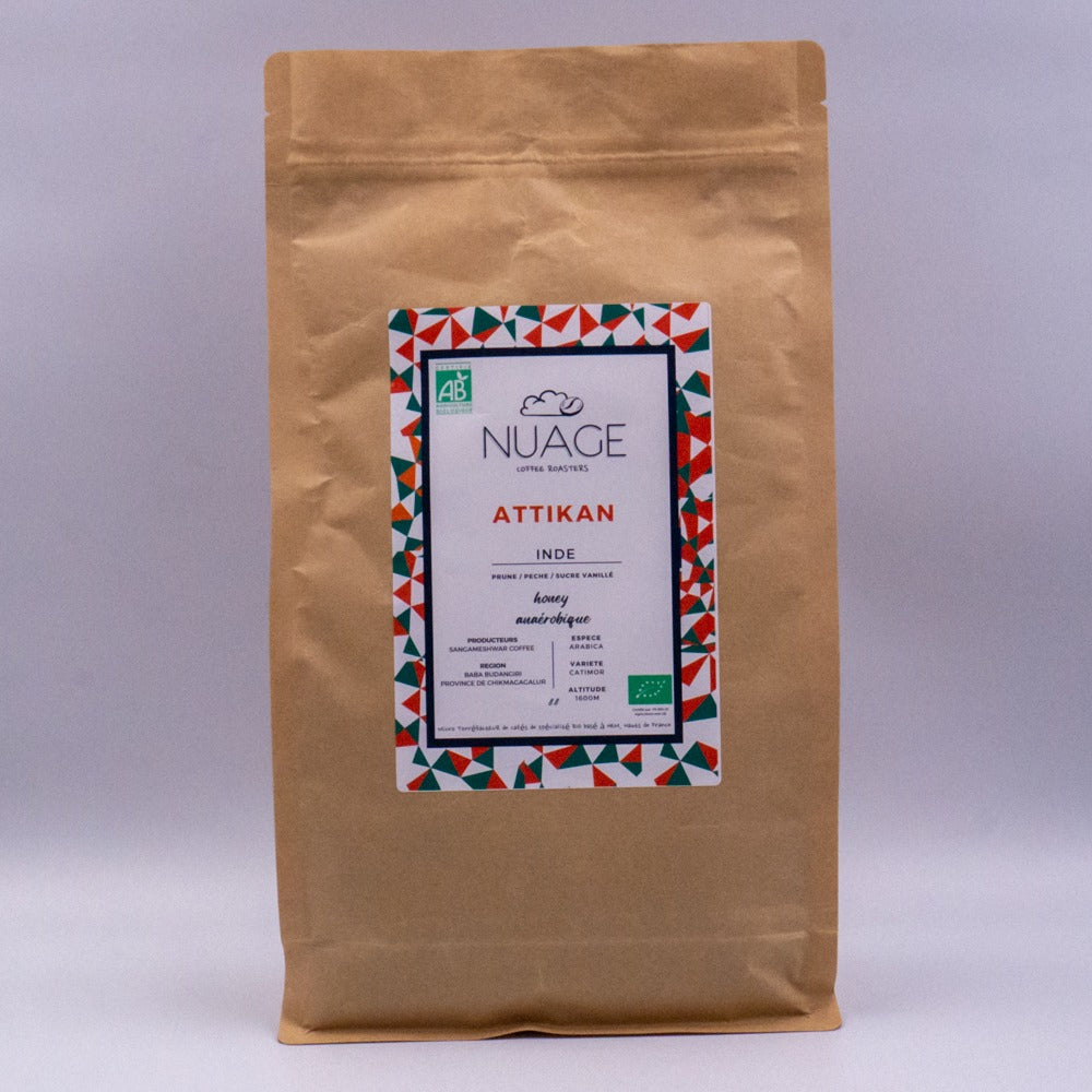 Café de spécialité bio Attikan Inde en sachet 1 kg – café en grains torréfié artisanalement à Hem, pour professionnels et particuliers, Nuage Coffee Roasters
