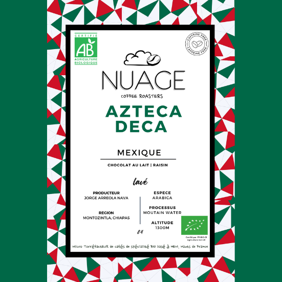 Étiquette du café de spécialité bio Azteca Décaféiné Mexique – café en grains torréfié artisanalement à Hem par Nuage Coffee Roasters