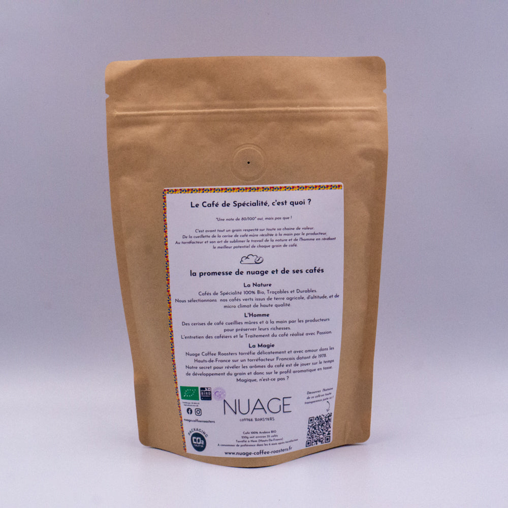 Dos du sachet de café de spécialité bio Juntos Colombie 250 g – informations sur l’origine, la torréfaction et les caractéristiques, Nuage Coffee Roasters