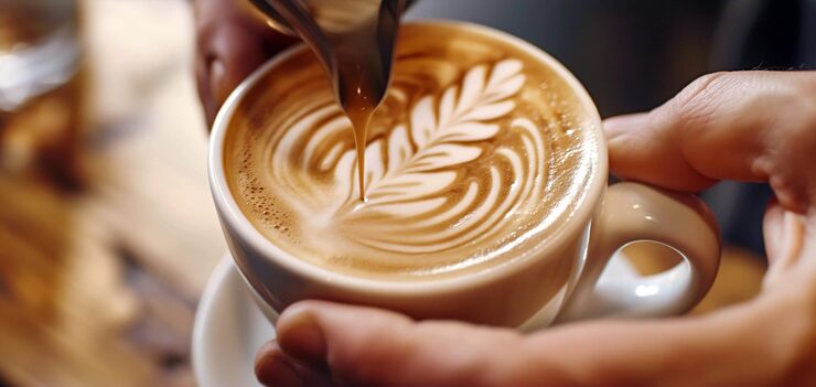 Latte art en formation barista avec dessin de fleur sur café de spécialité – apprentissage des techniques artisanales et professionnelles
